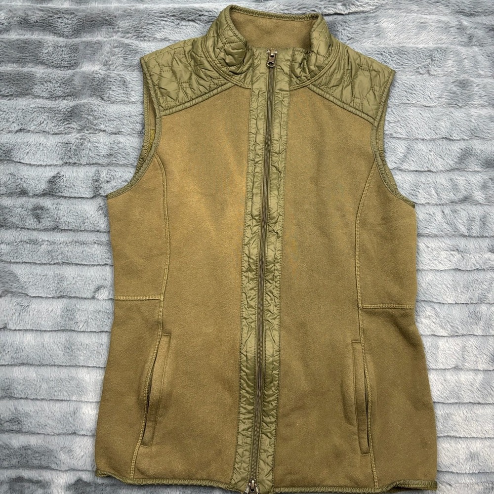 T by Talbots Womens Small Olive Green Quilted Trim Fleece Full Zip Vest 8284